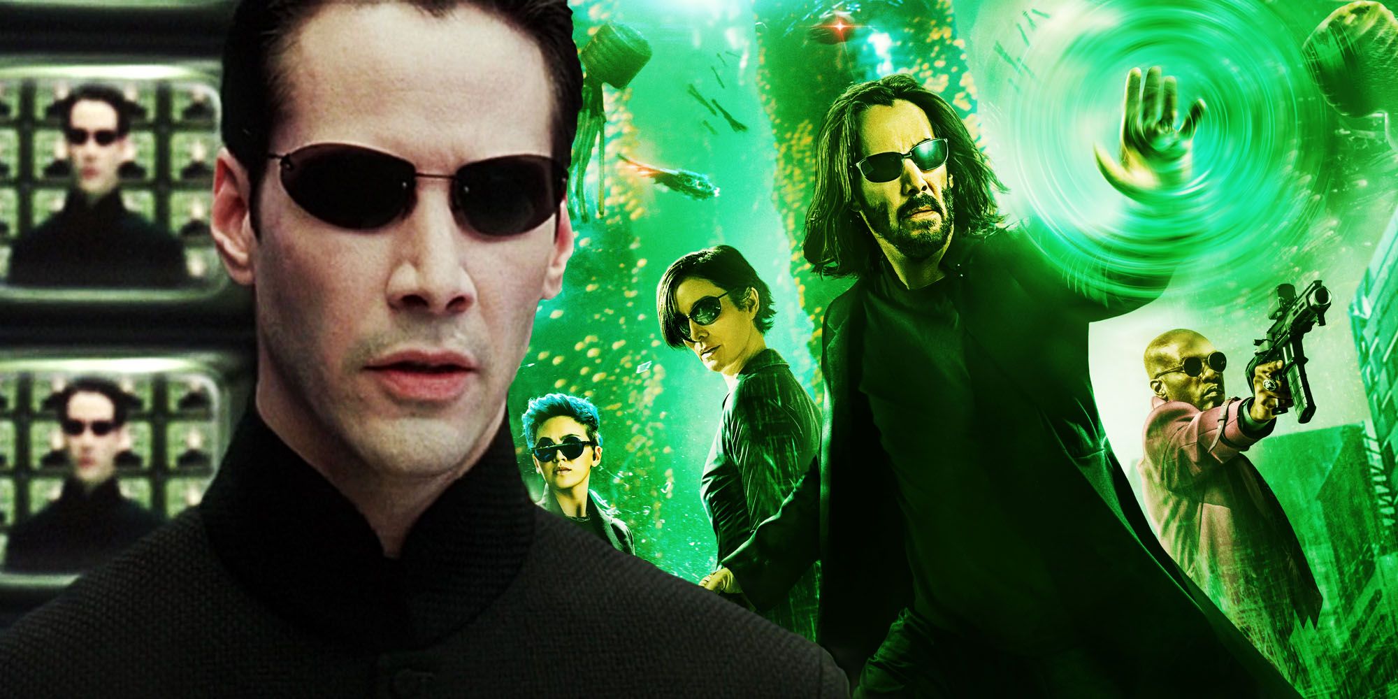 Blended image of Neo in The Matrix and The Matrix: Ressurections