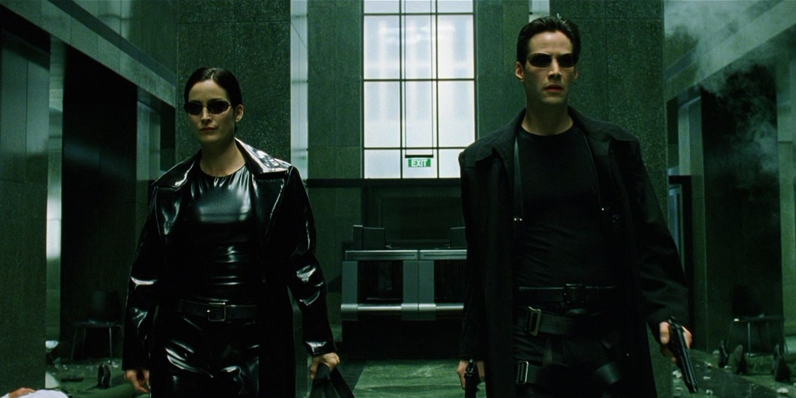 Neo and Trinity in the lobby in The Matrix