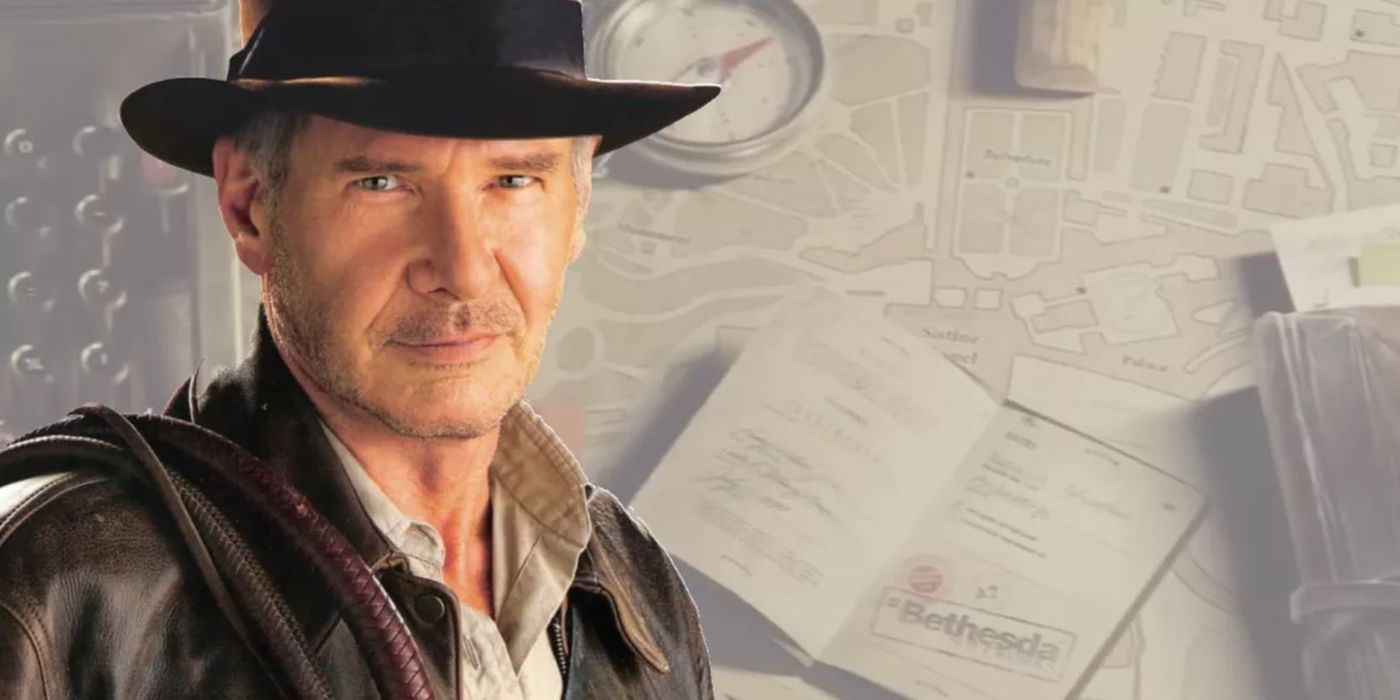 New Indiana Jones Game, showing Harrison Ford as Indiana Jones in front of a bunch of classified documents and a map