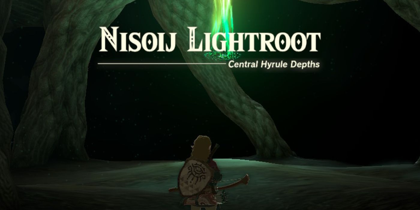 Tautan berdiri di bawah Nisoij Lightroot di Central Hyrule Depths in Tears of the Kingdom.