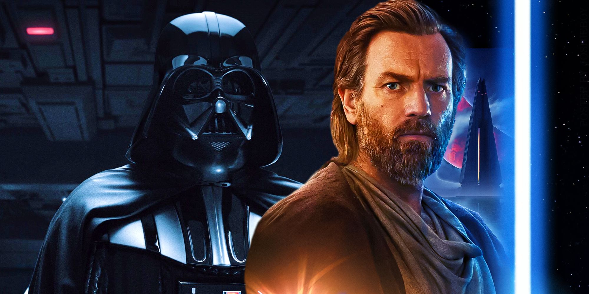 Obi-Wan Kenobi wielding his lightsaber next to Darth Vader from the series.