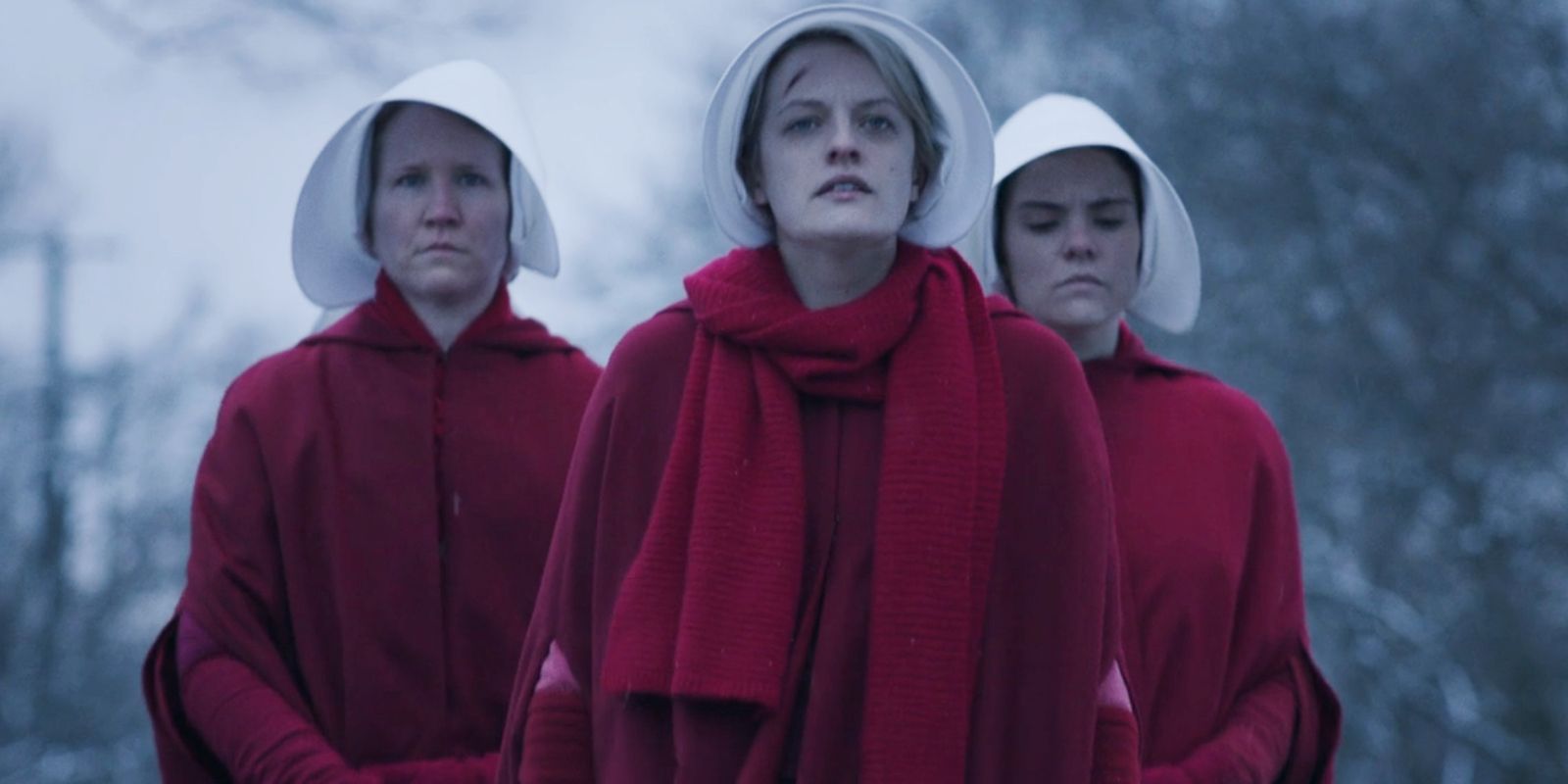 Offred leading handmaids in The Handmaid's Tale