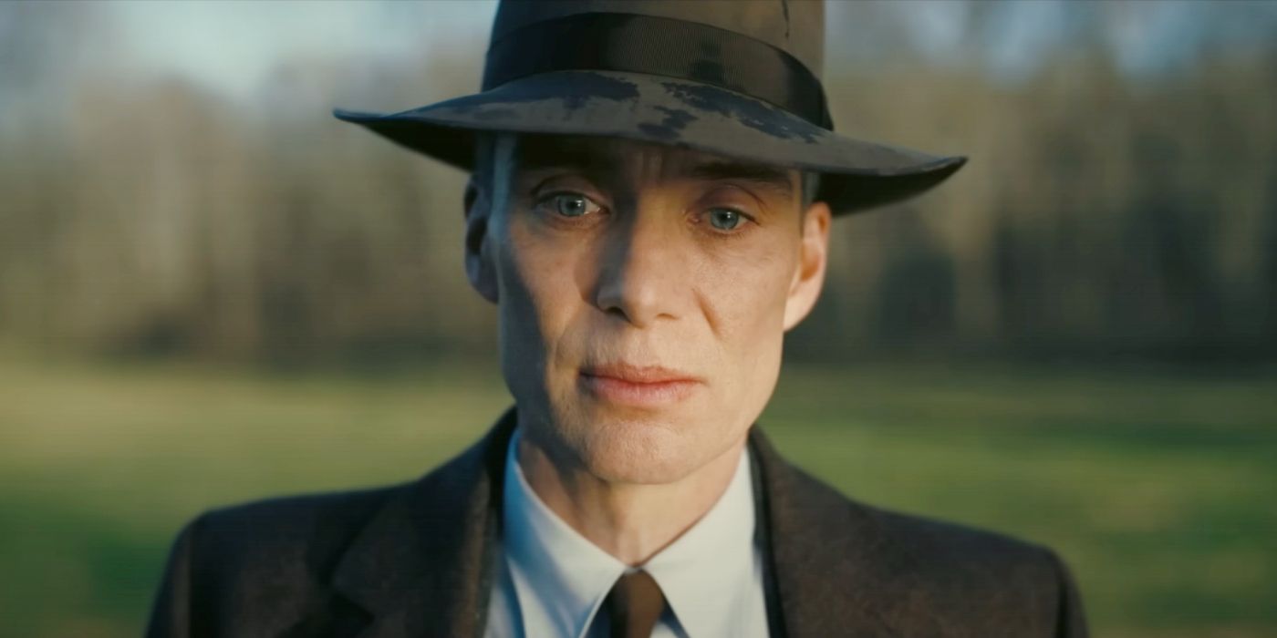 Oppenheimer (Cillian Murphy) stares wistfully in Christopher Nolan's Oppenheimer.