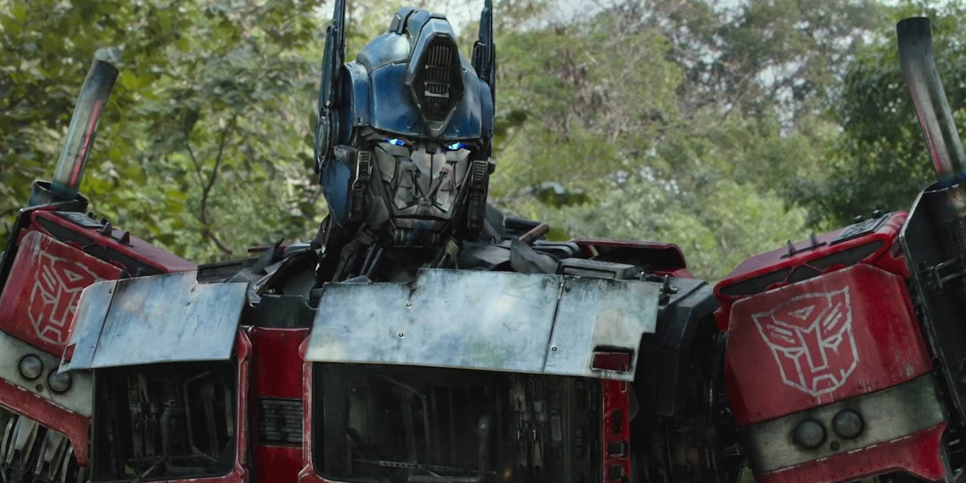 Optimus Prime in the woods in Transformers Rise of the Beasts
