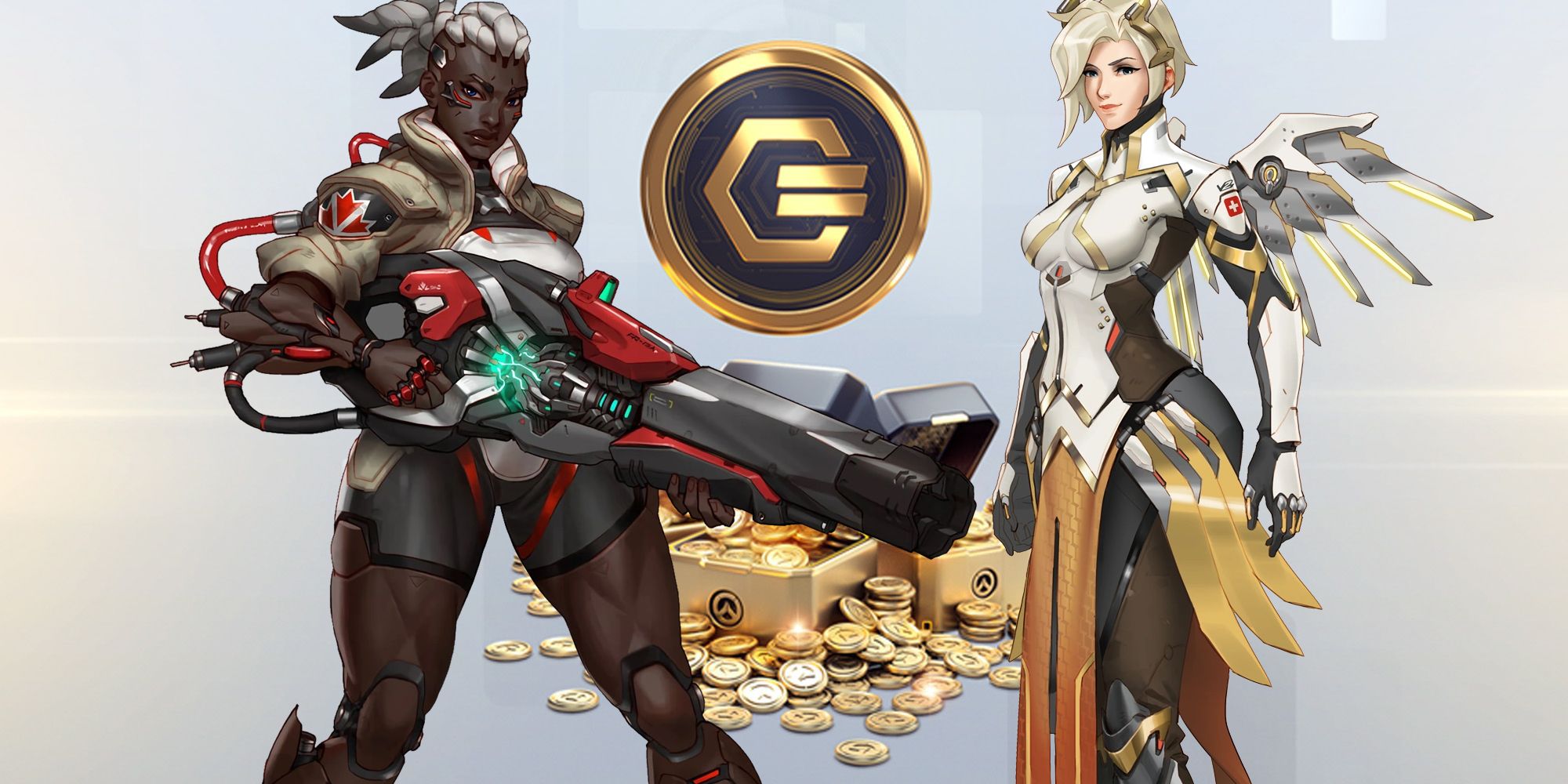 Sojourn and Mercy from Overwatch 2 standing in front of a pile of Overwatch Credits, the game's digital currency.