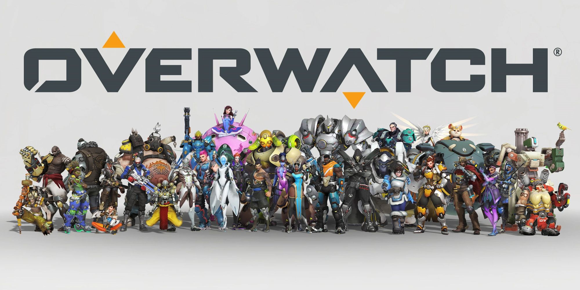 Lineup of heroes from Overwatch 1 with the game's logo above.
