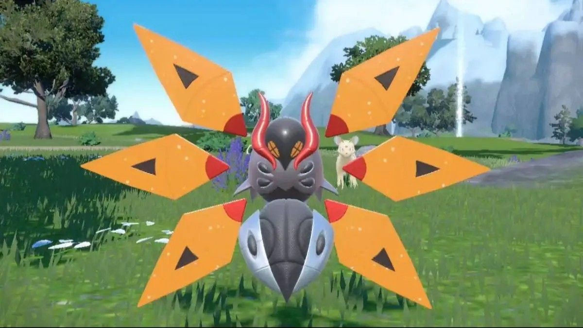 Paradox Pokemon Iron Moth melebarkan sayapnya ke luar.