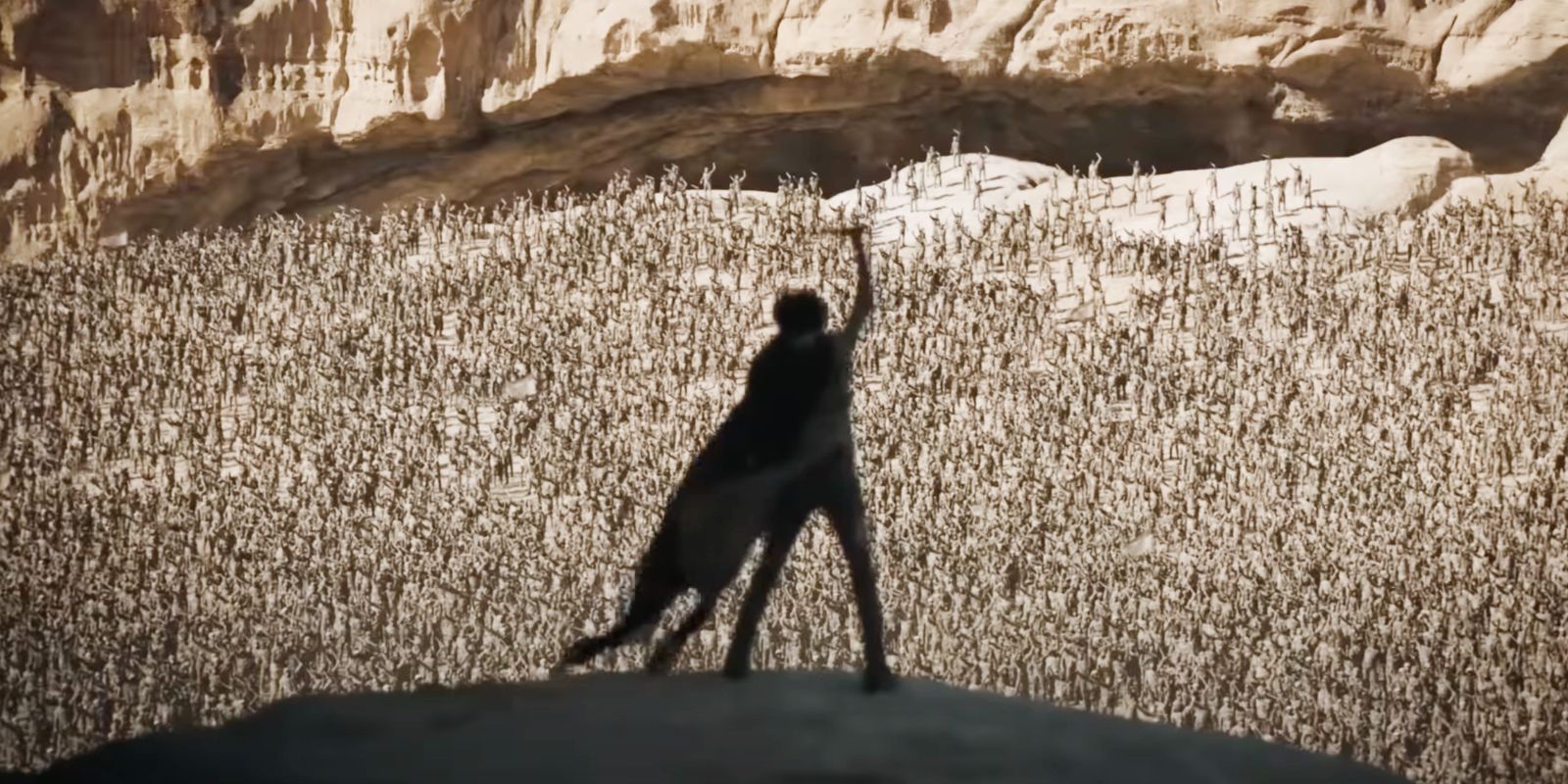 Paul standing in front of a crowd in Dune: Part Two