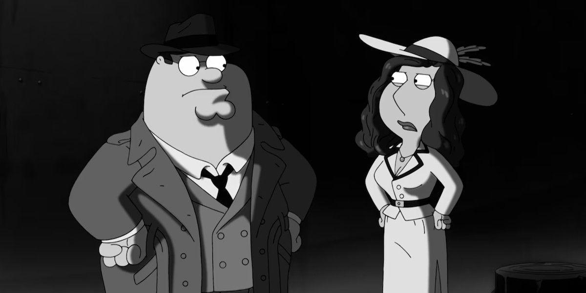 Peter and Lois looking angry in black and white Family Guy episode The Fatman Always Rings Twice