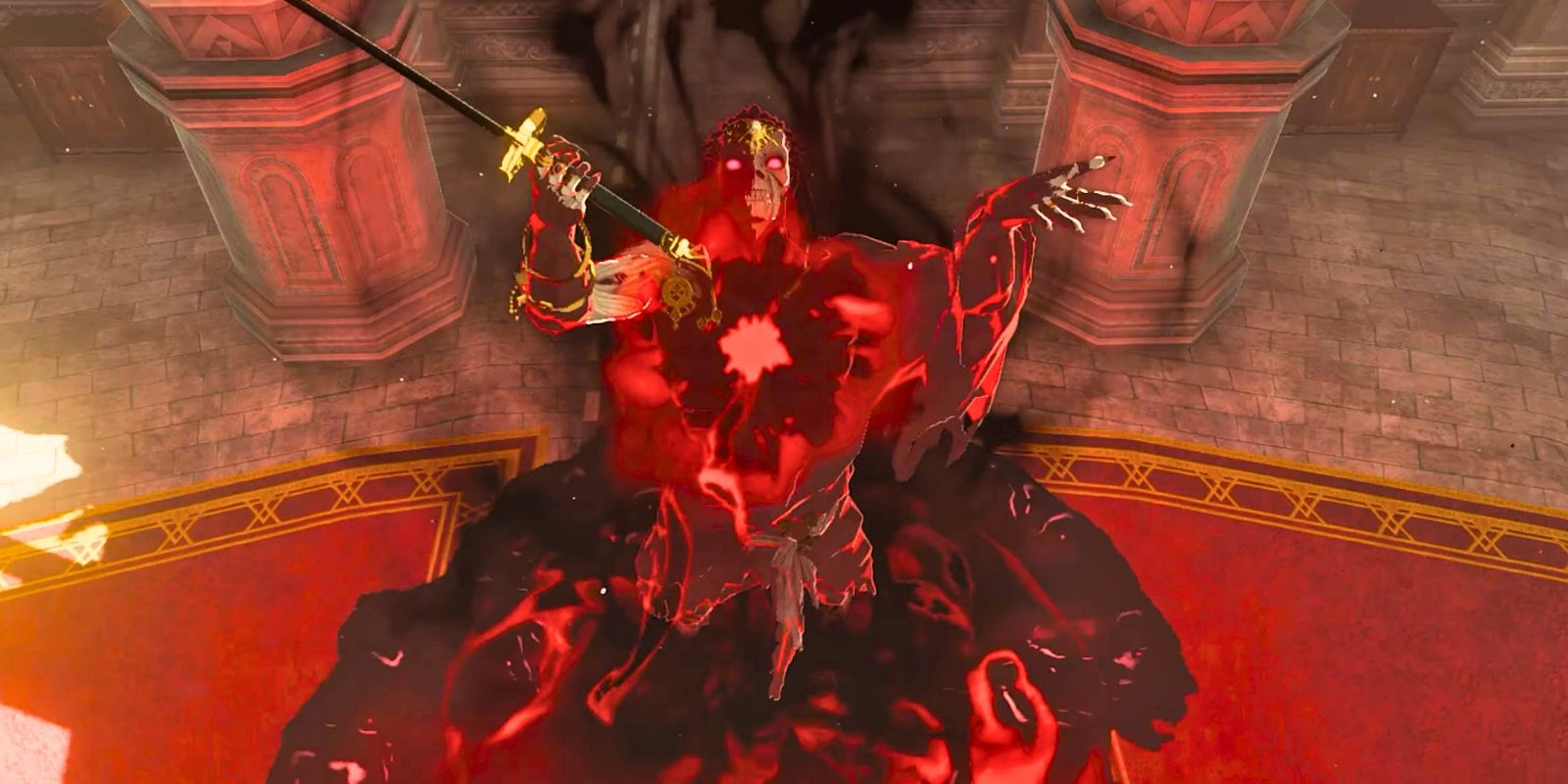 Phantom Ganon memegang pedang di kastil Hyrule di Zelda: Air Mata Kerajaan.