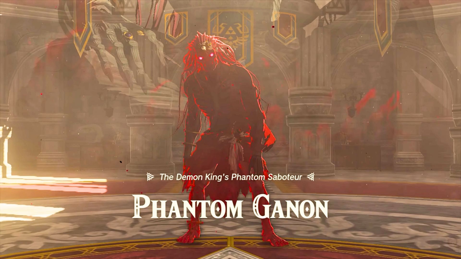 Phantom Ganon standing in Hyrule Castle with the enemy name indicator in front of him in Zelda TOTK