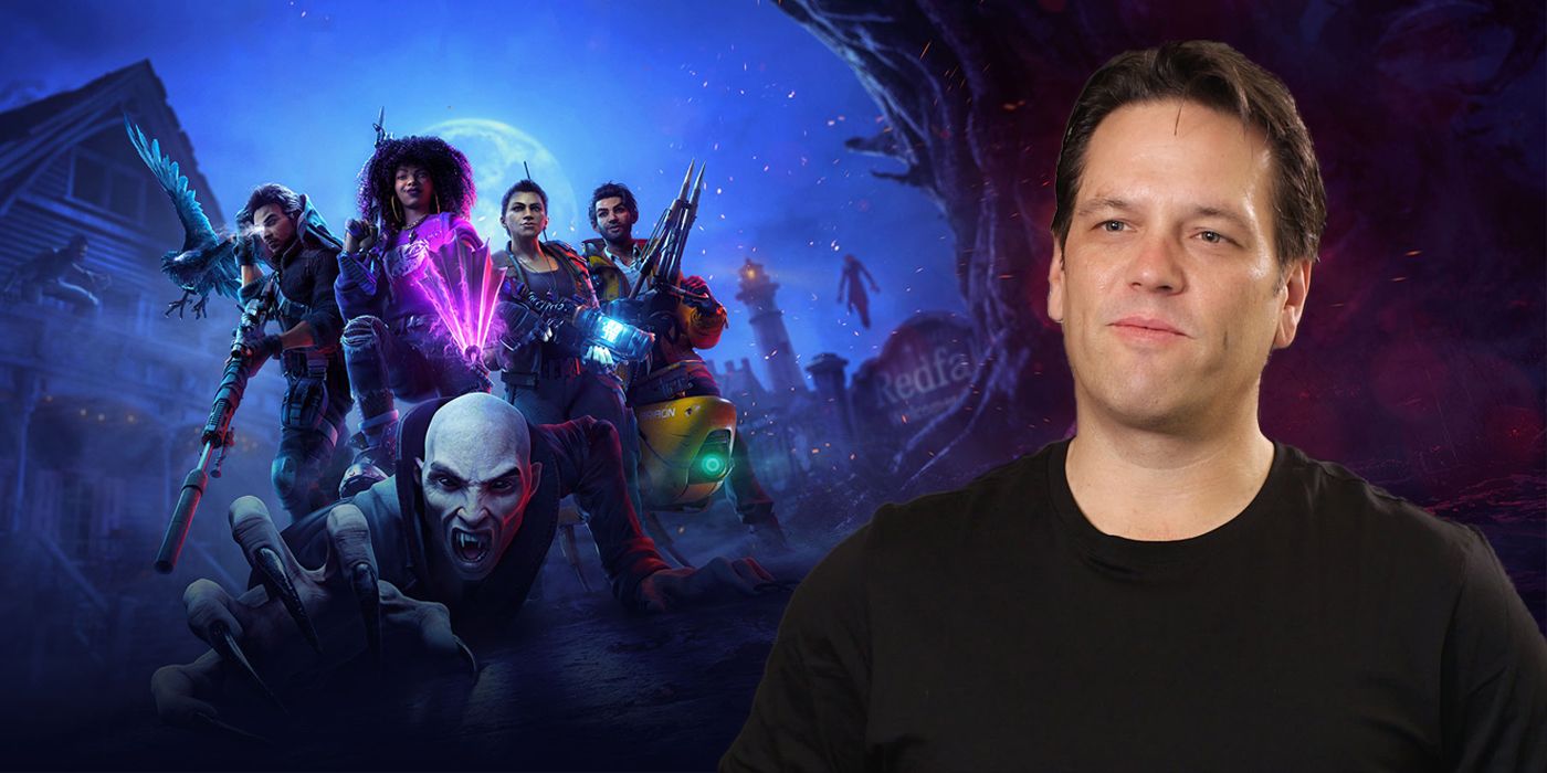Xbox CEO Phil Spencer in an interview to the right of the cover art for Redfall
