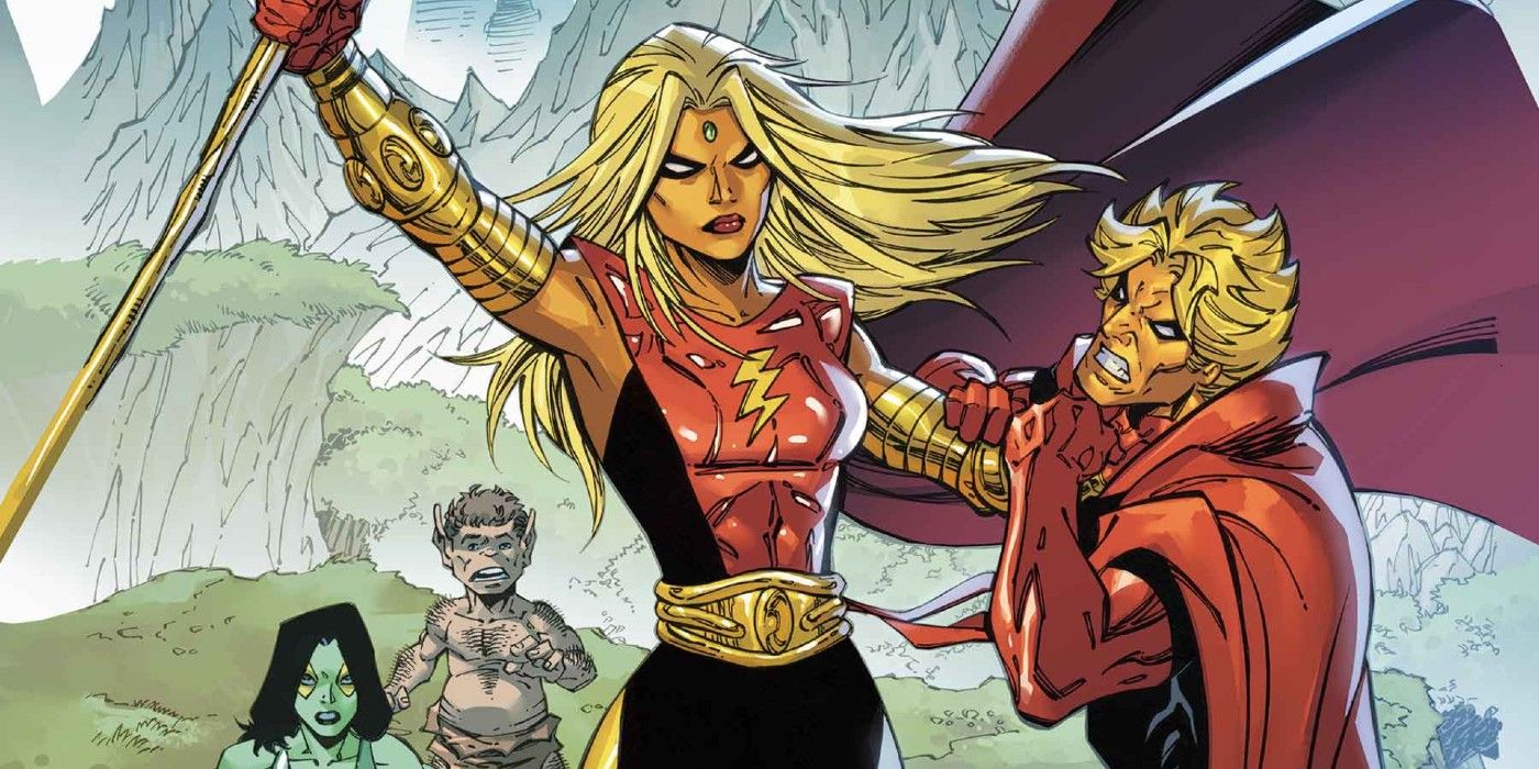 Pip and Gamora look on as Eve chokes her brother Adam Warlock
