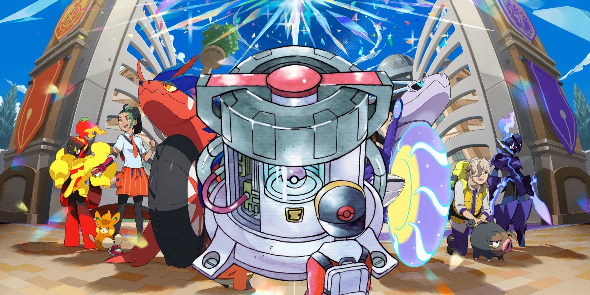 Promotional art for Pokémon Scarlet and Violet with artwork of Ethan and the Time Capsule from Pokémon Gold and Silver in the foreground.