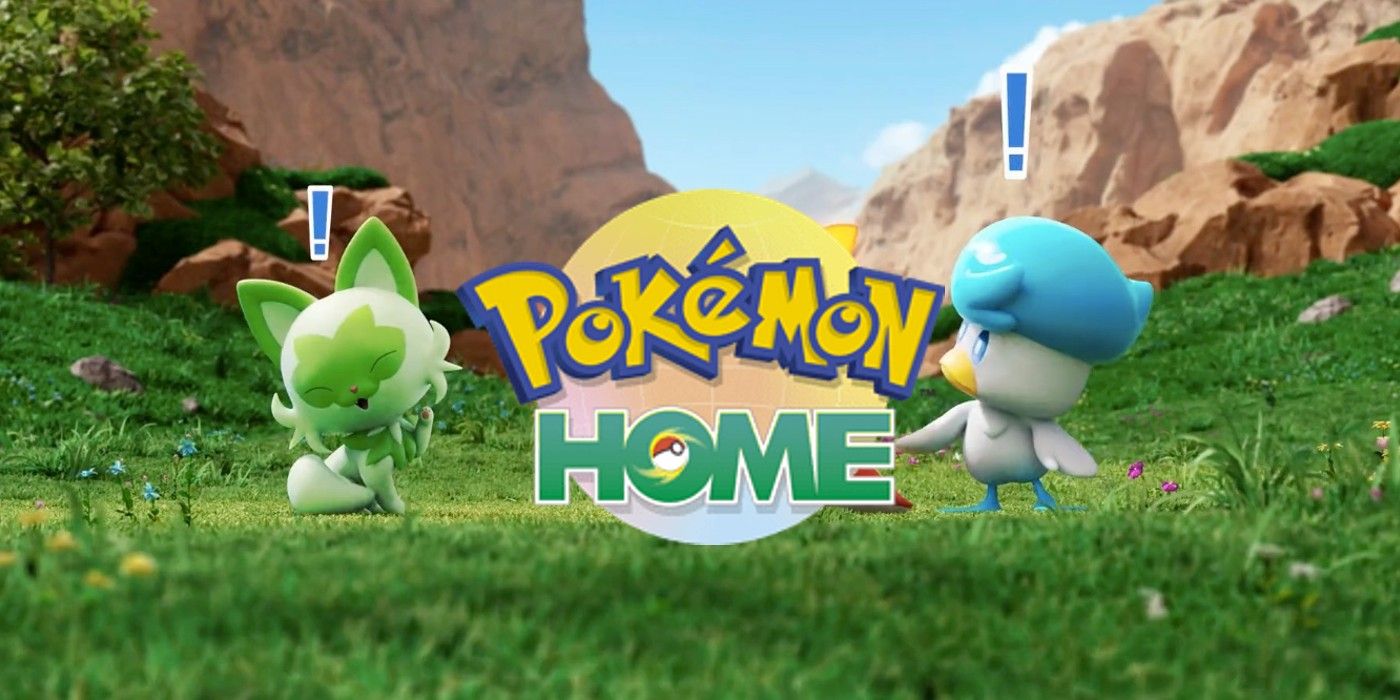 Quaxley and Sprigatito standing in a grassy field next to the Pokemon HOME icon.