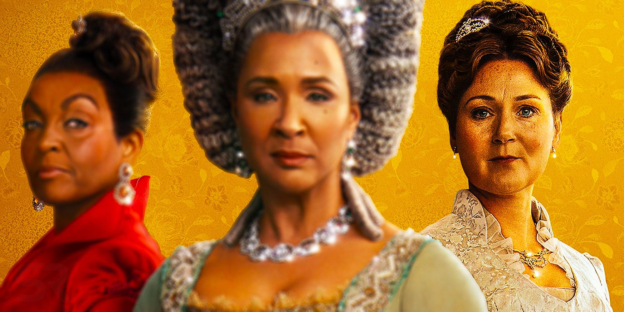 Adjoa Andoh as Lady Danbury, Golda Rosheuvel as Queen Charlotte, and Ruth Gemmell as Dowager Viscountess Bridgerton in Queen Charlotte A Bridgerton Story