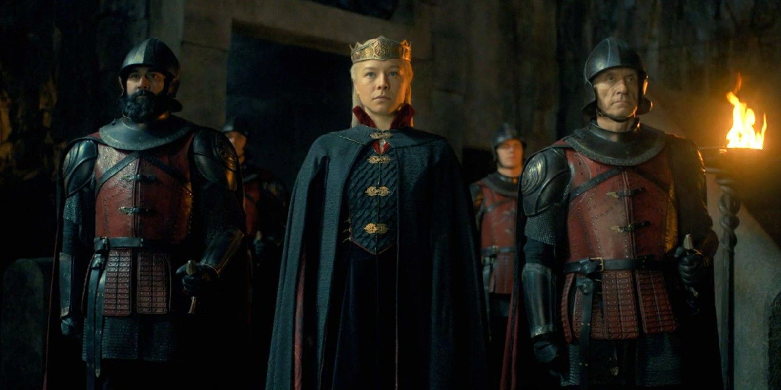 Queen Rhaenyra is pursued by guards in the dragon's house