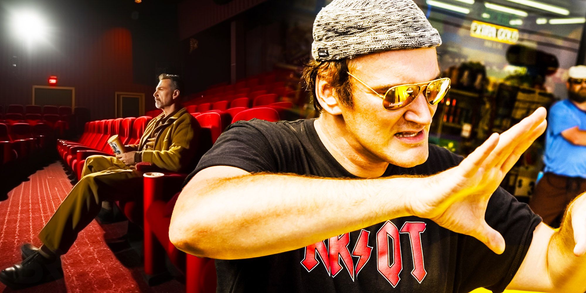 A composite image of Quentin Tarantino directing imposed over a man watching a movie in a theater