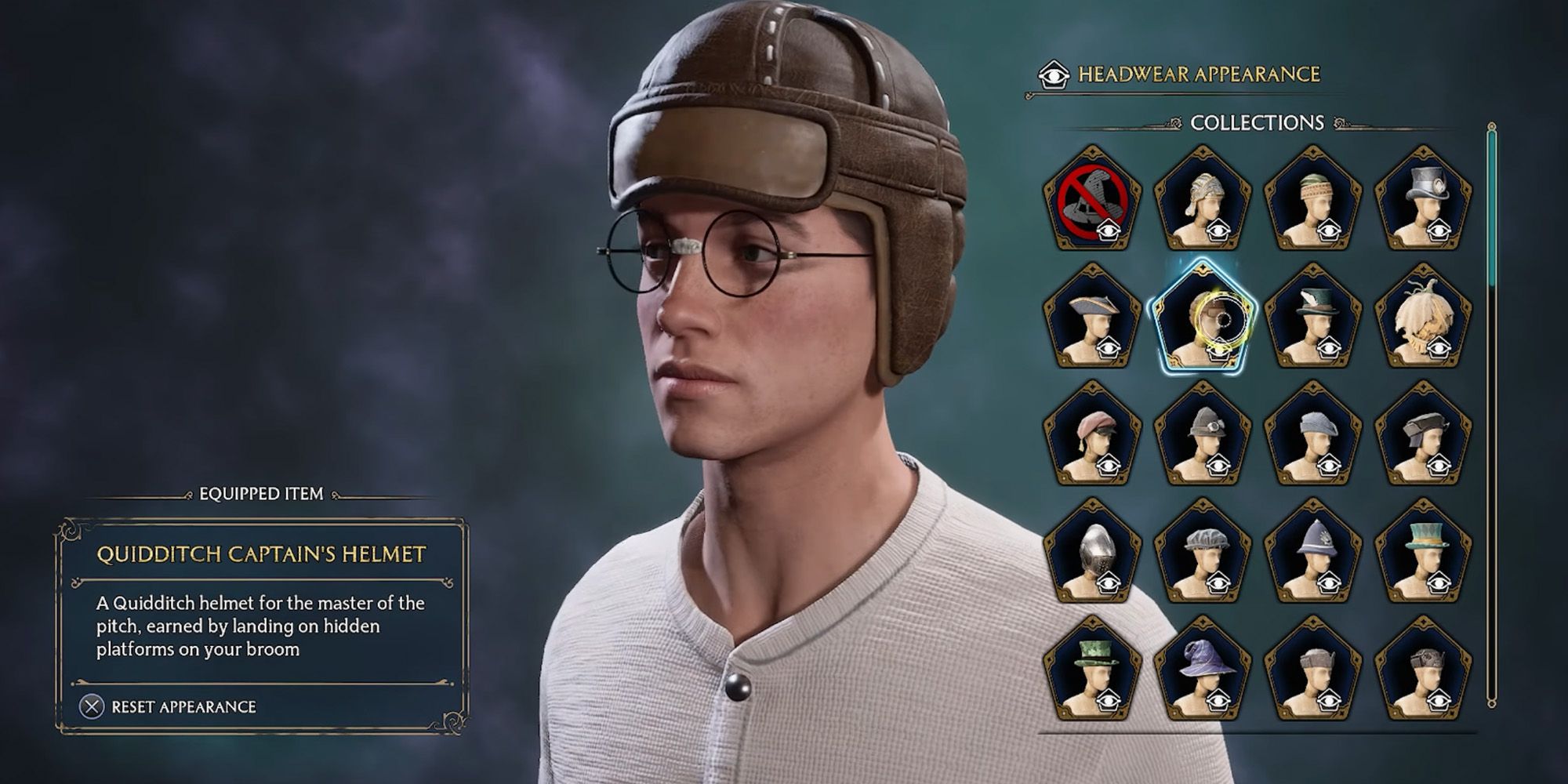 A male-presenting student wearing the Quidditch Captain's Helmet in Hogwarts Legacy