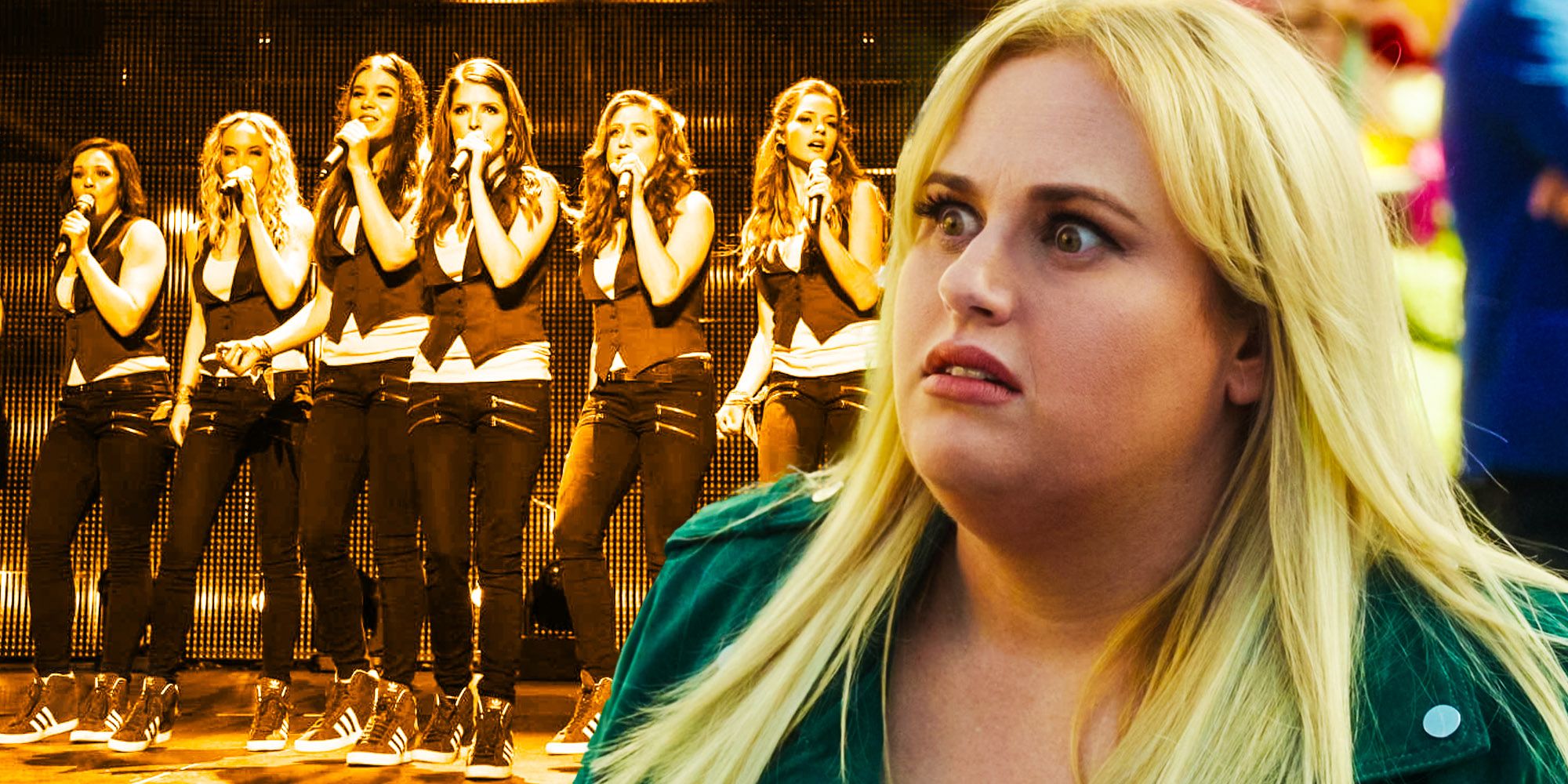 A blended image features Rebel Wilson as Amy and the rest of the Barden Bellas behind her in Pitch Perfect 3