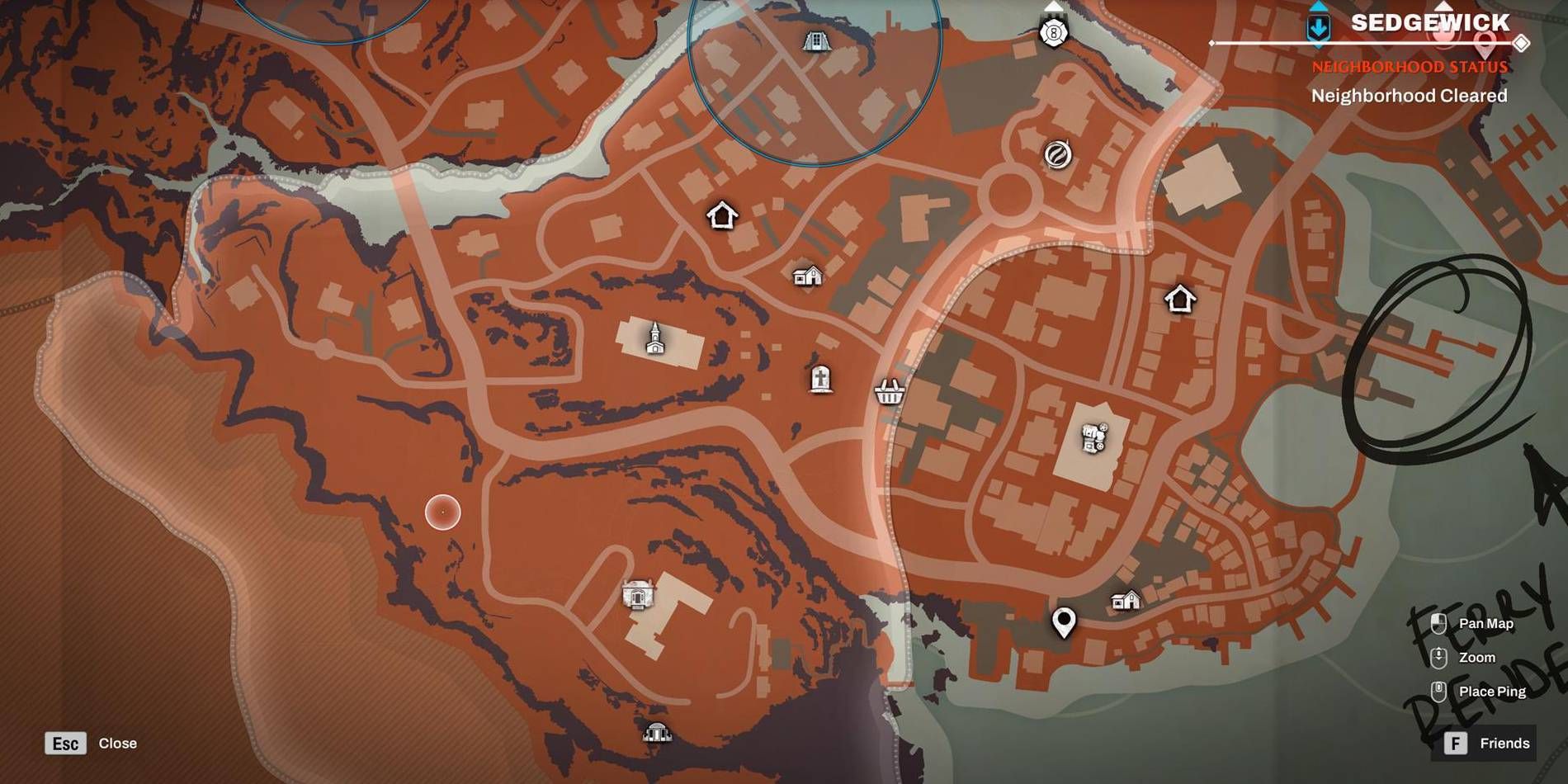 Redfall Entire Map with Different Icons Displayed Including Safehouses and Historical Markings as Fast Travel Points