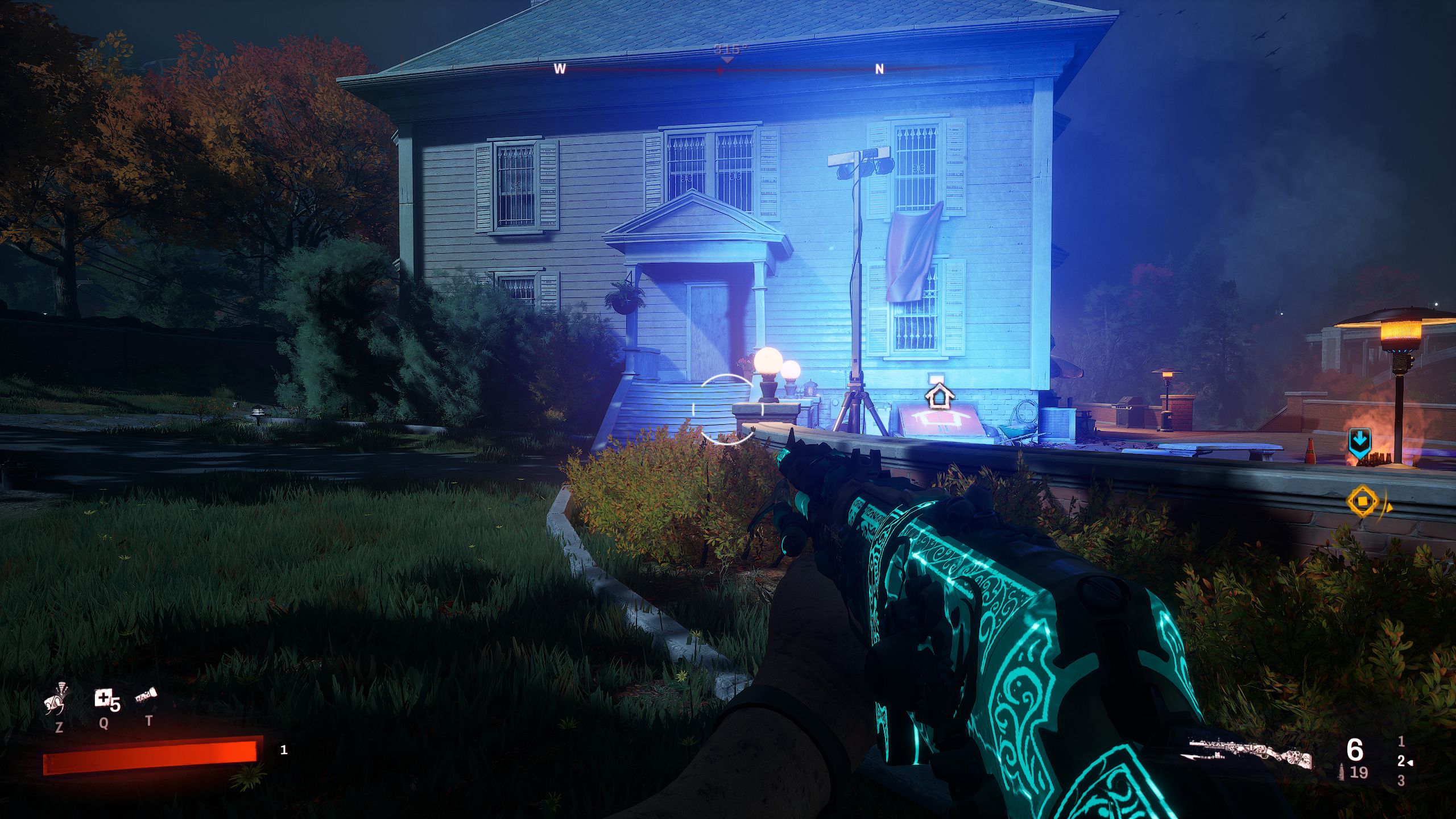 Redfall Player Standing Outside Redfall Safehouse Lit Up By UV Lights