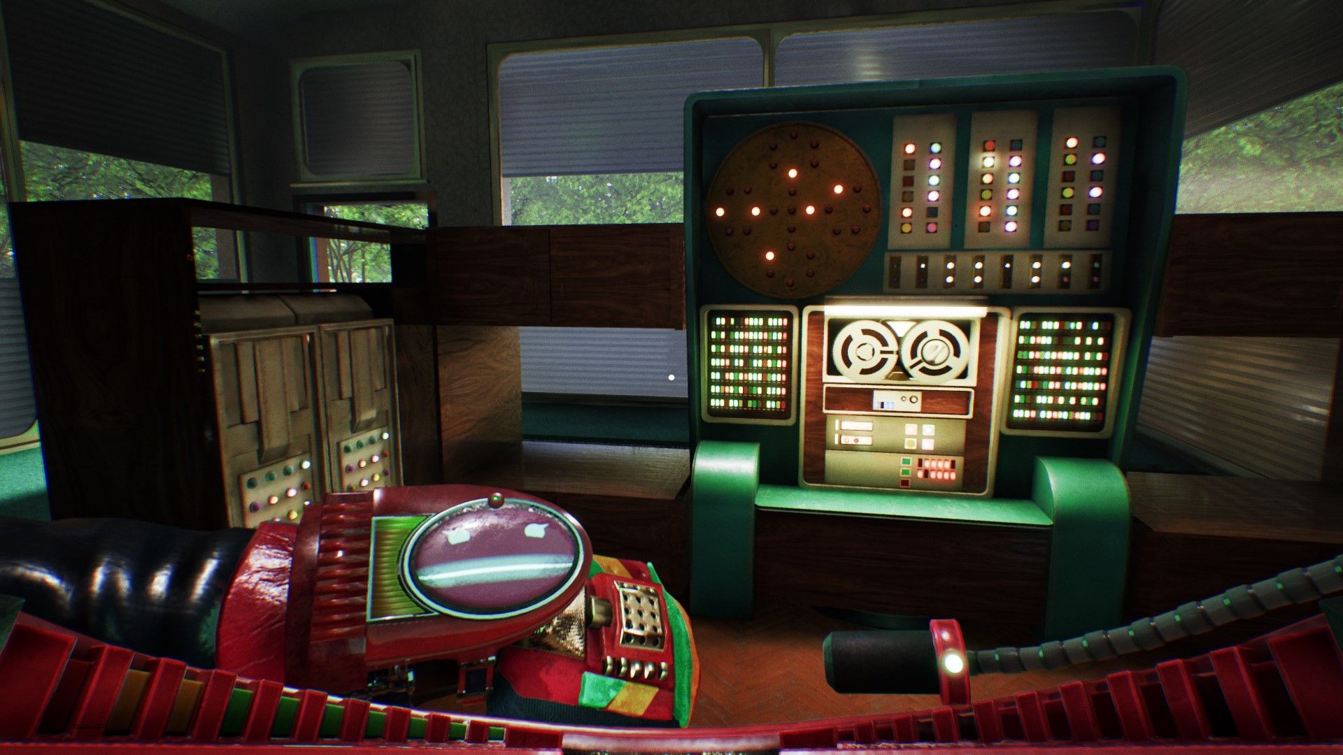 A screenshot from the video game Return To Grace. There is a selection of 1960s-esque data banks with flashing buttons. The player&rsquo;s hand is showing with a basic drawing of a face on a small screen.