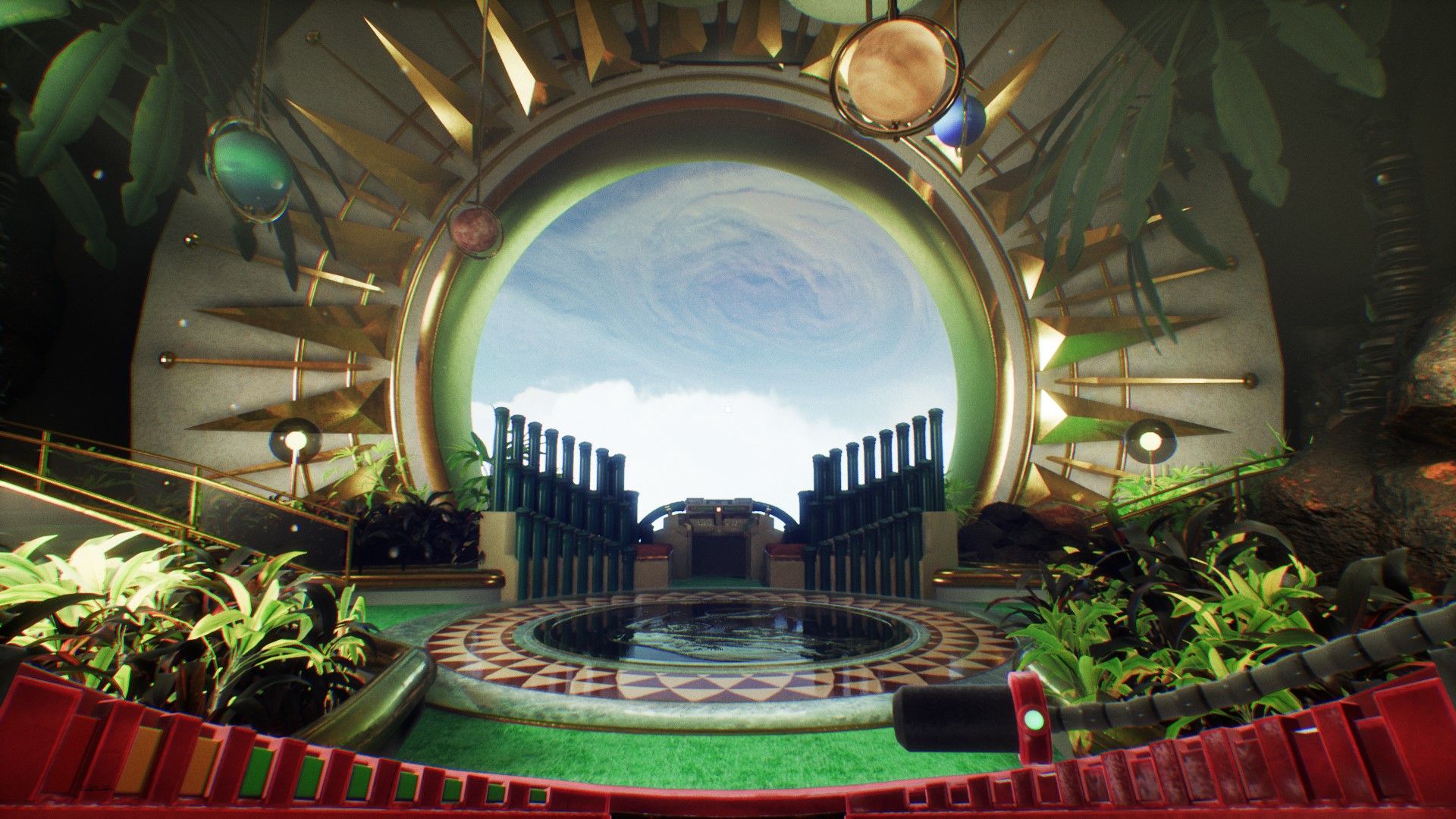 A screenshot from the video game Return To Grace. It shows an inner sanctum with a circular design on the floor, leafy plants, and a machine that looks like an organ in the middle of the room.