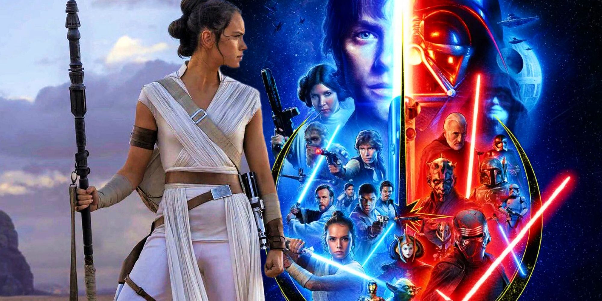 Rey holding her staff in Rise of Skywalker next to an image for the Skywalker Saga