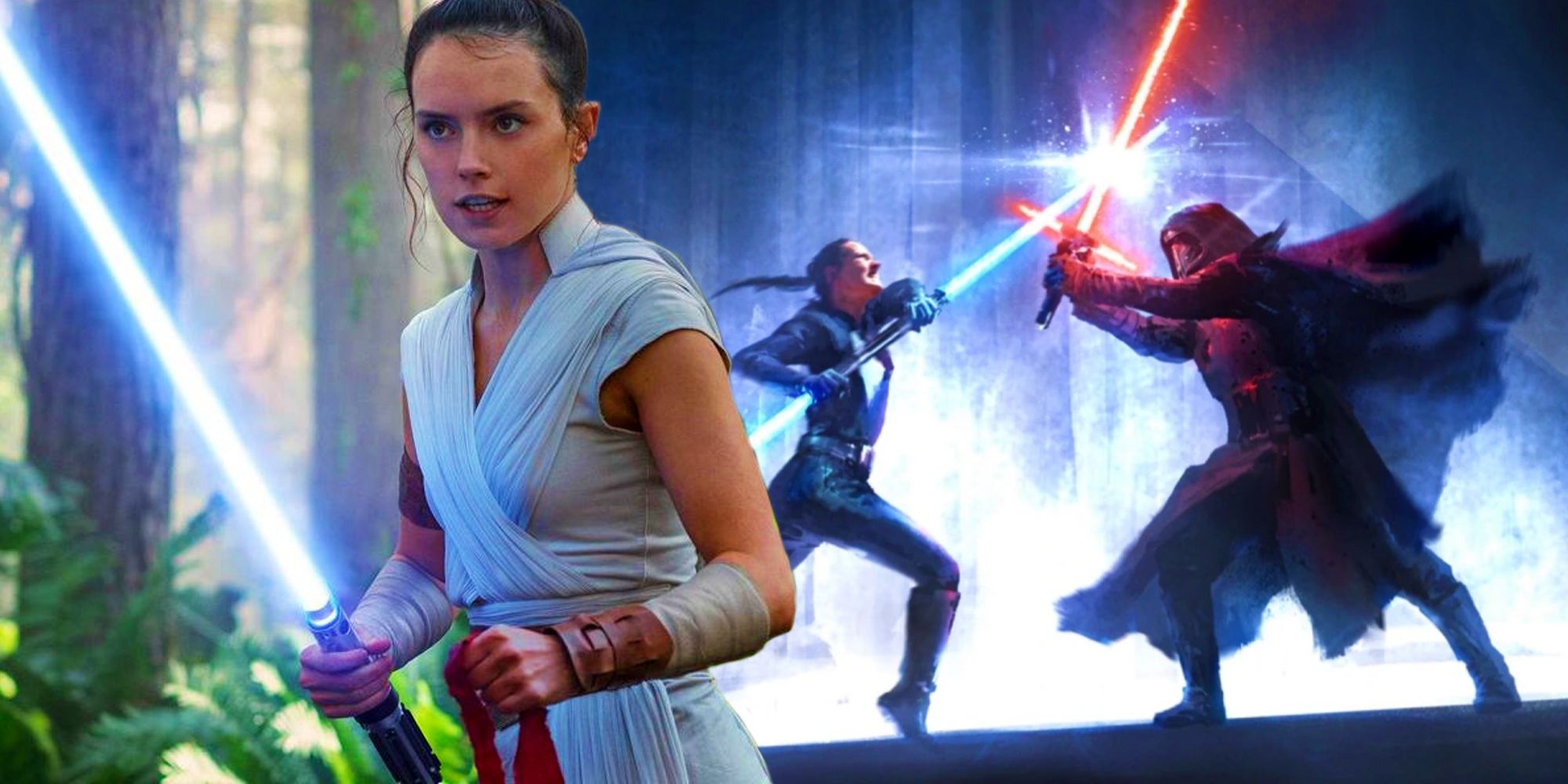 Rey Skywalker holding her lightsaber next to concept art for Duel of the Fates