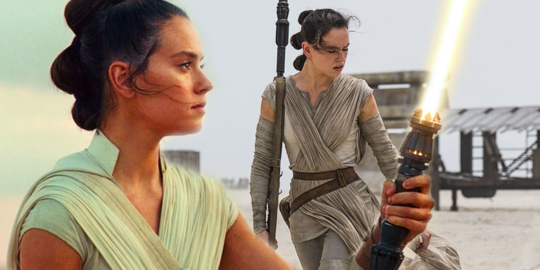 Rey in The Force Awakens and The Rise of Skywalker.
