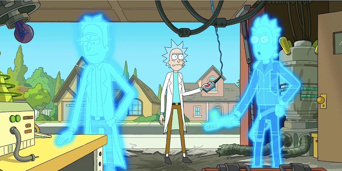 Rick watches Rick Prime's hologram in season 6 episode 1 of Rick and Morty