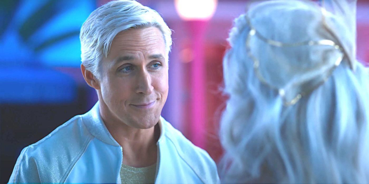 Ryan Gosling as Ken in Barbie smiling somewhat coyly while talking to Barbie