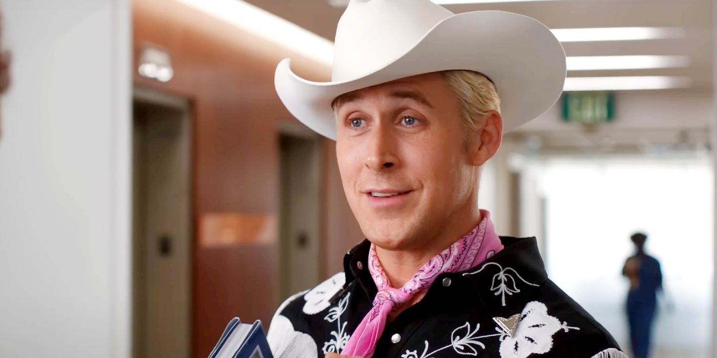 Ryan Gosling as Ken in a white cowboy hat, pink bandana, and black and white cowboy outfit in Barbie.