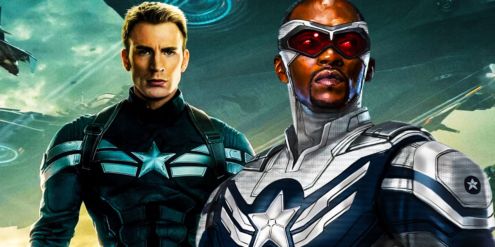 Montage of Steve Rogers in his stealth suit with Sam Wilson by his side in his white Captain America suit.