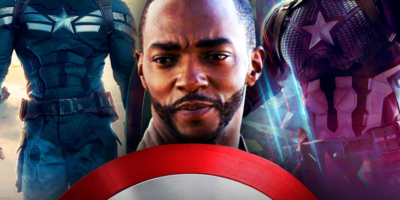 Montage of Steve Rogers's stealth suit and Avengers: Endgame suit at each side of Sam Wilson's head, with the Captain America shield going up to his chin.