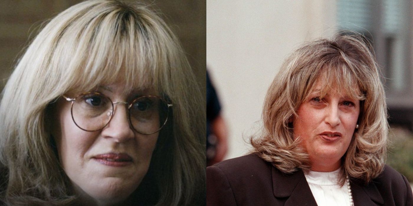 Split image of Sarah Paulson and Linda Tripp in American Crime Story Impeachment