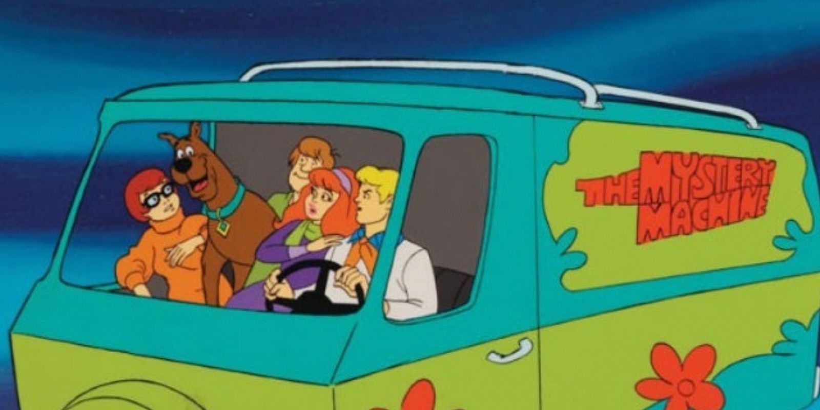 Scooby gang in the Mystery Machine in the original Scooby Doo cartoon
