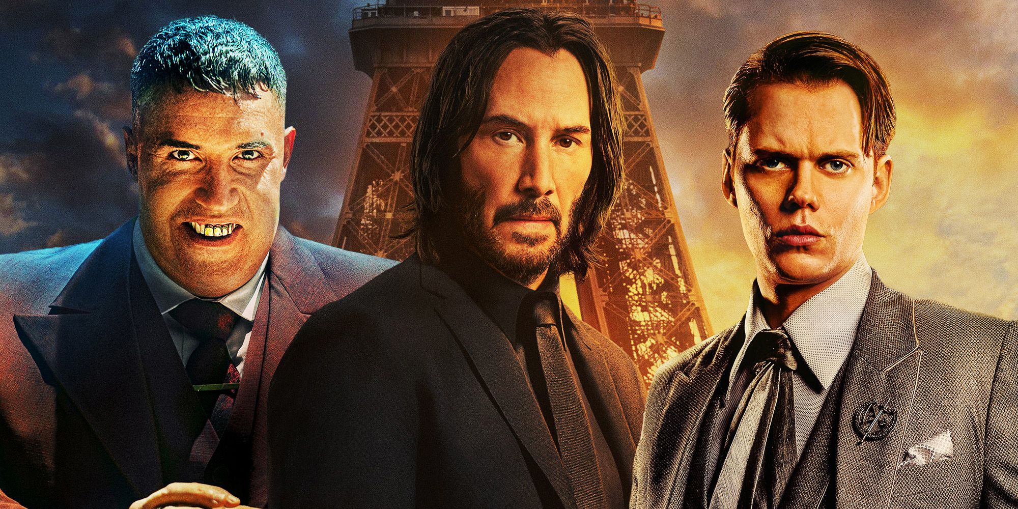 Scott Adkins as Killa Keanu Reeves as John Wick and Bill Skarsgard as Marquis in front of the Eiffel Tower