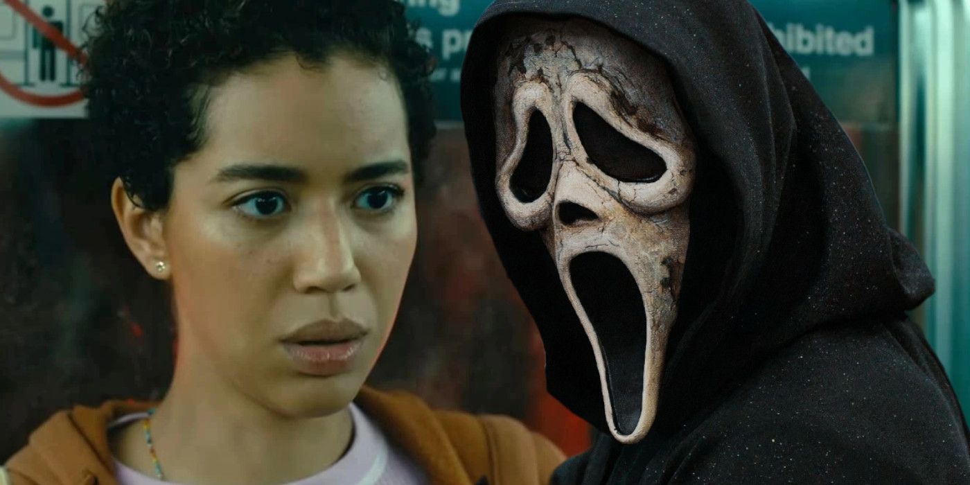 Blended image of Mindy in the train and Ghostface looking back in Scream 6