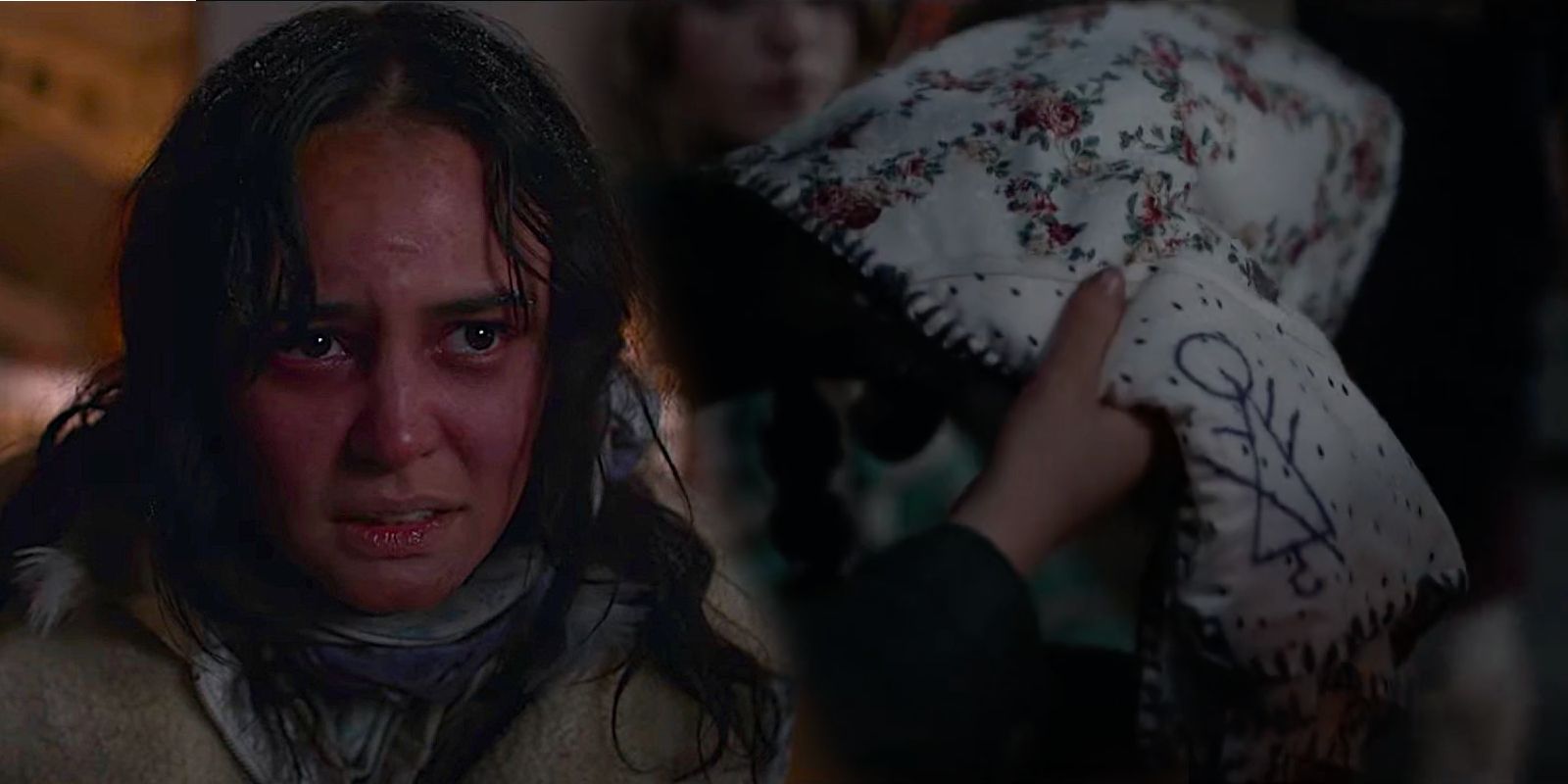 Lottie next to the symbol on the baby blanket in Yellowjackets season 2