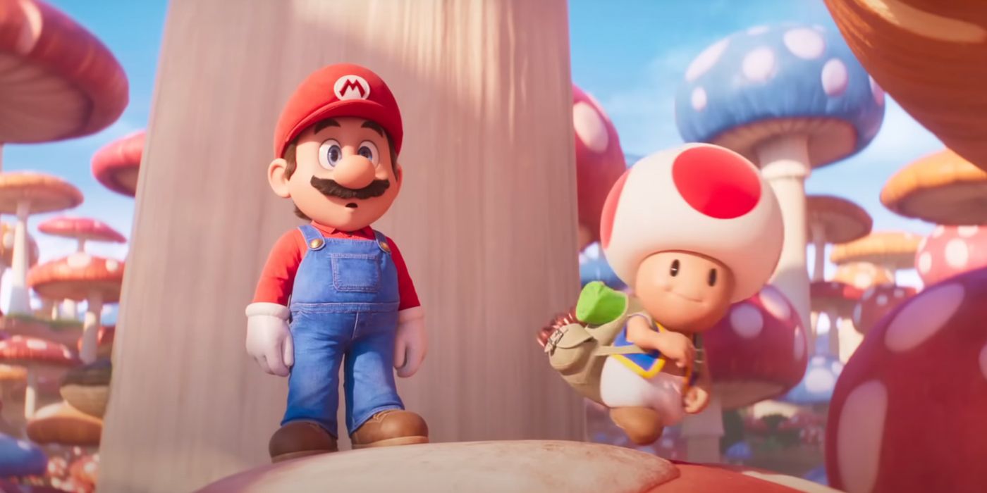 Mario looking stunned as Toad walks in Super Mario Bros Movie