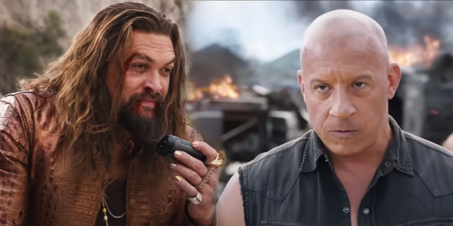 Dante Reyes (Jason Momoa) on a walkie talkie and Dom Toretto (Vin Diesel) looking angry in Fast X