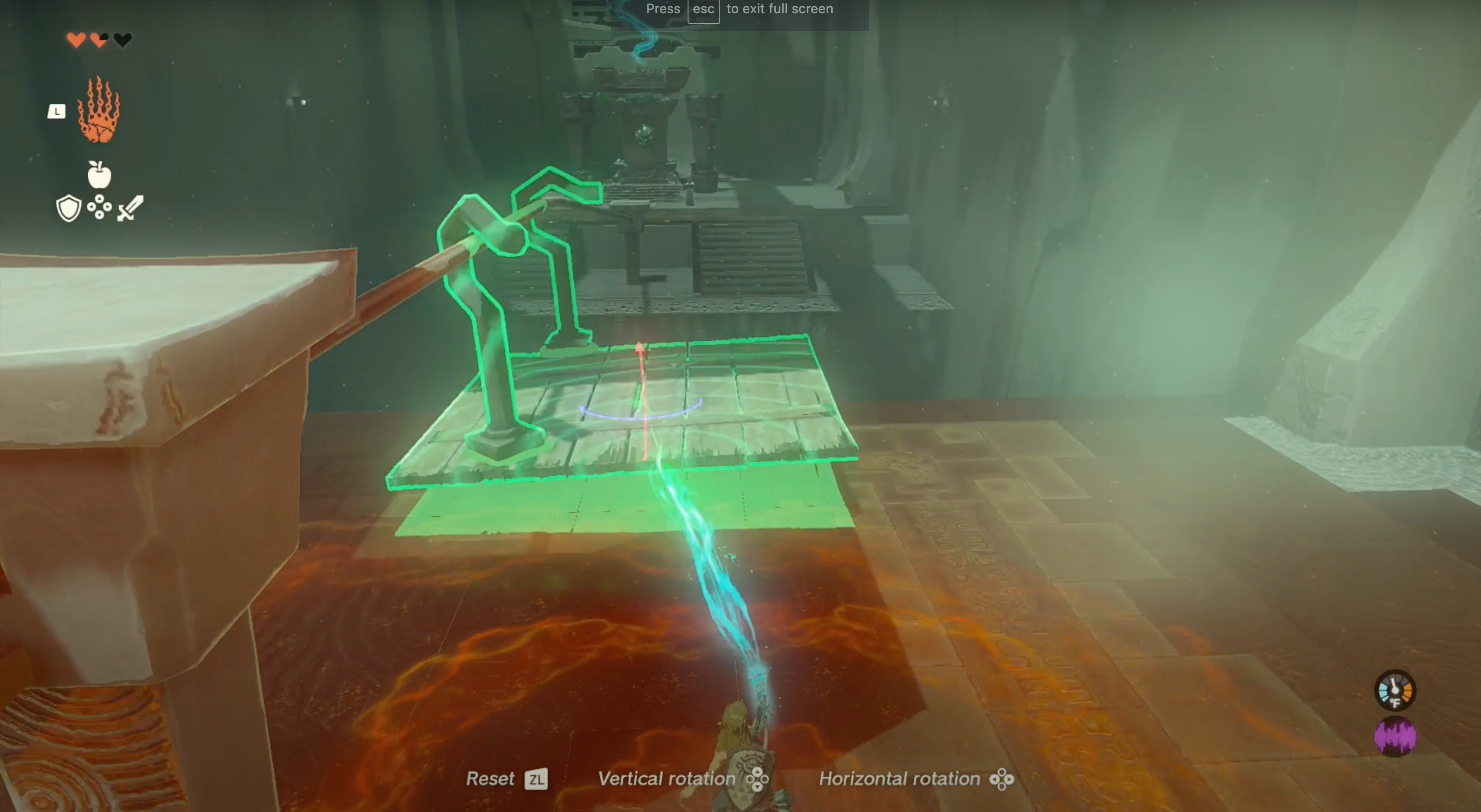 Link using ultrahand connecting a creation with two hooks to a cable in Zelda: TOTK