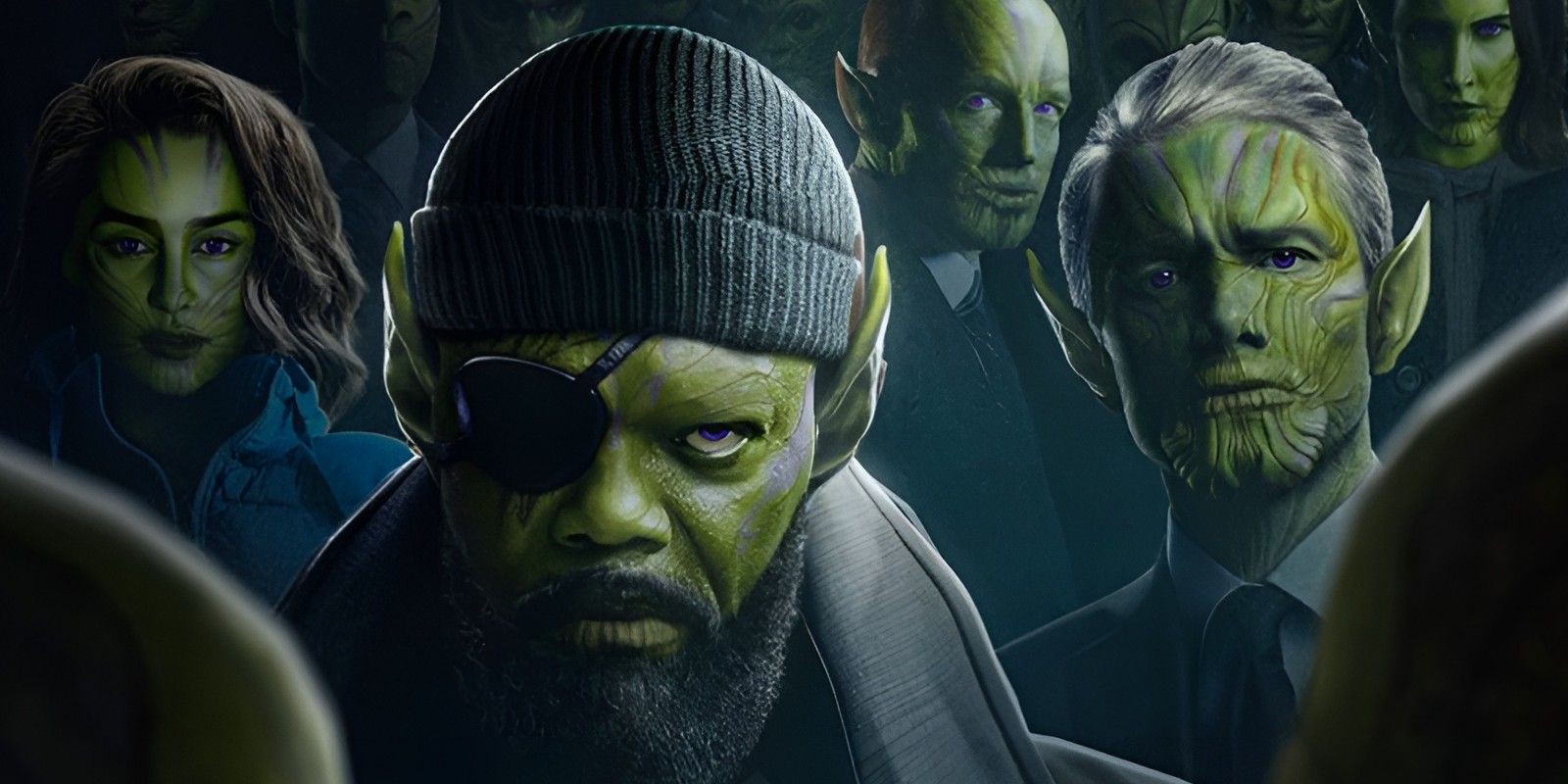 Secret Invasion fan poster with Nick Fury, Phil Coulson, and more MCU characters as Skrulls.