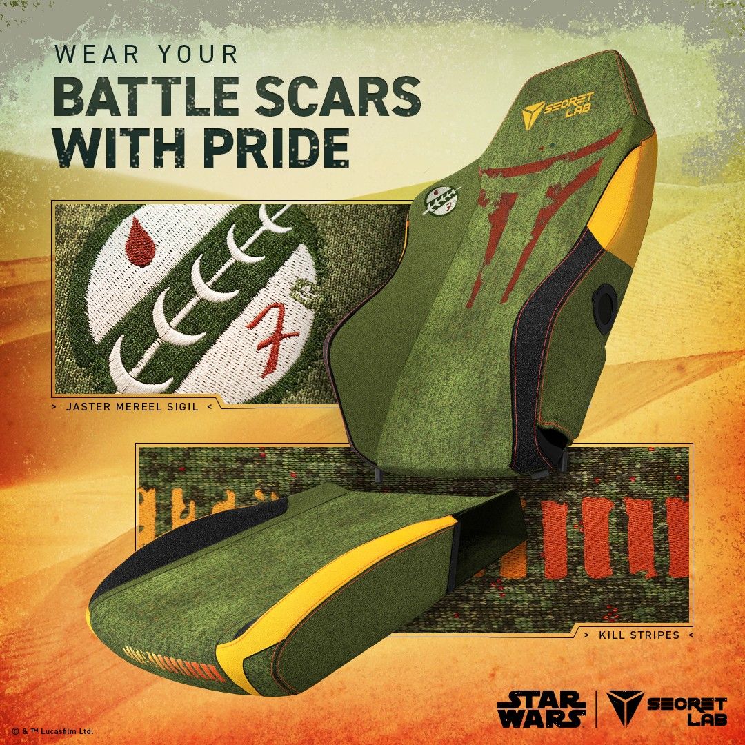 Secretlab Boba Fett SKIN shown from a side angle and a close up on one of the sigils with text that says "wear your battle scars with pride."