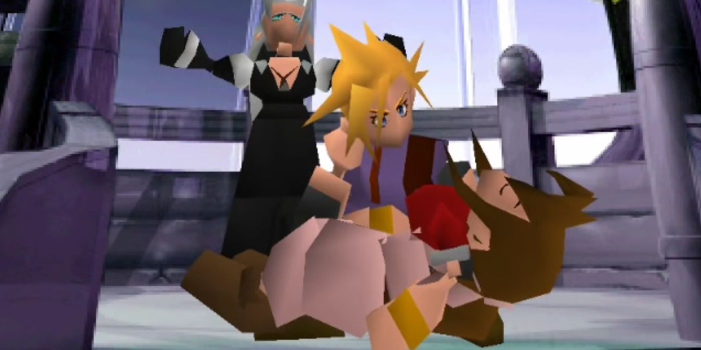 Sephiroth kills Aerith FF7. Cloud holds her body as Sephiroth gestures in the background