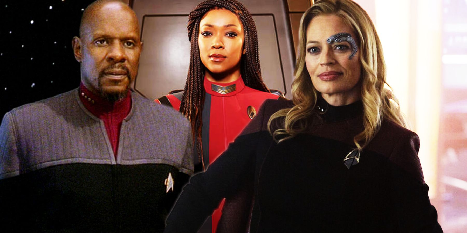 Avery Brooks, Sonequa Martin-Green, and Jeri Ryan in Star Trek