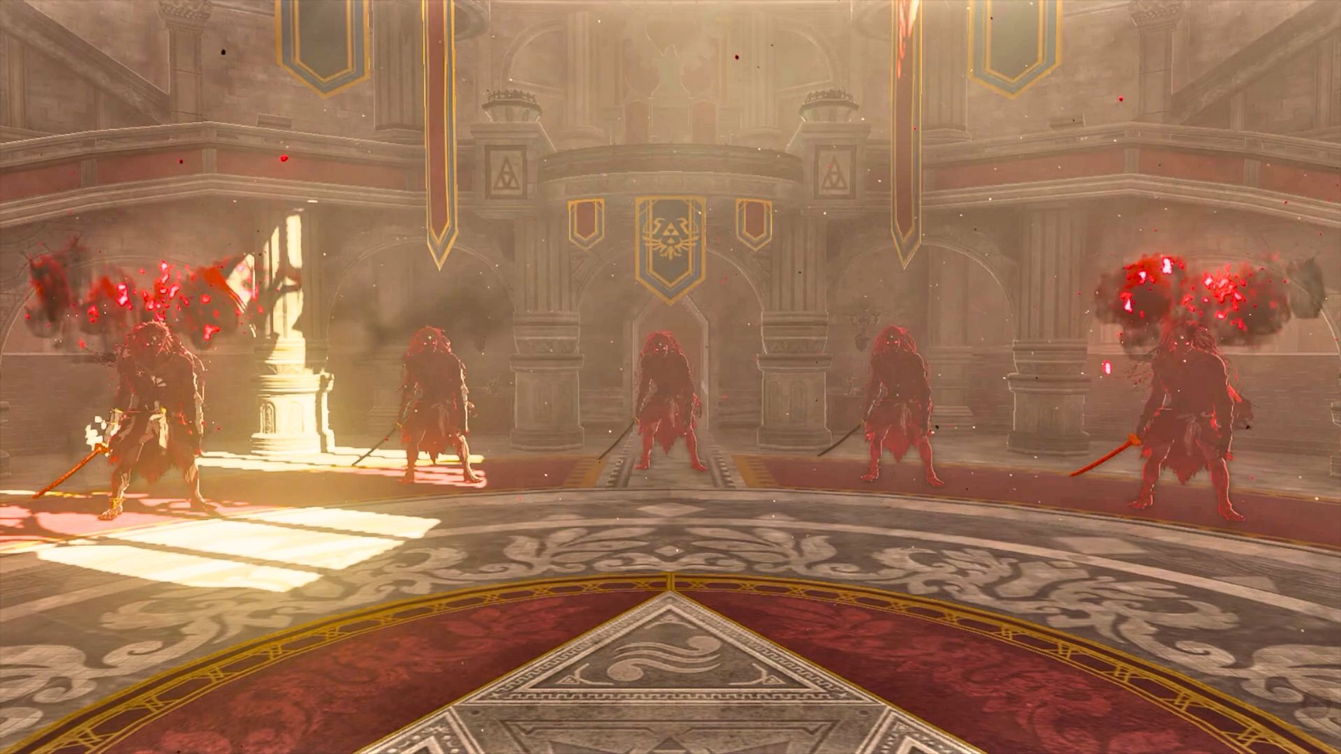 Several Phantom Ganons spawning around the center of the room in Hyrule Castle in Zelda TOTK