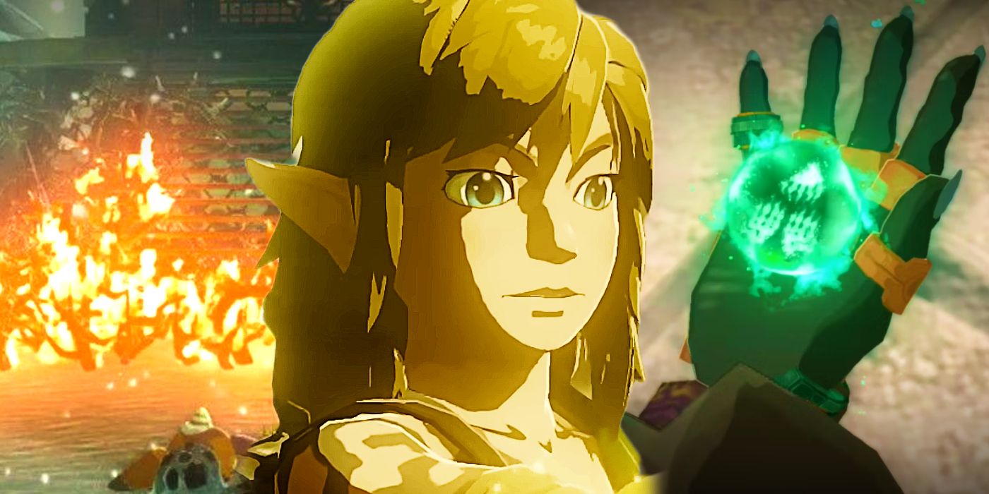 Link in Zelda: Tears of the Kingdom looking shocked as a fire blazes behind him on his left, and his right hand is holding a glowing green orb of light on the right.